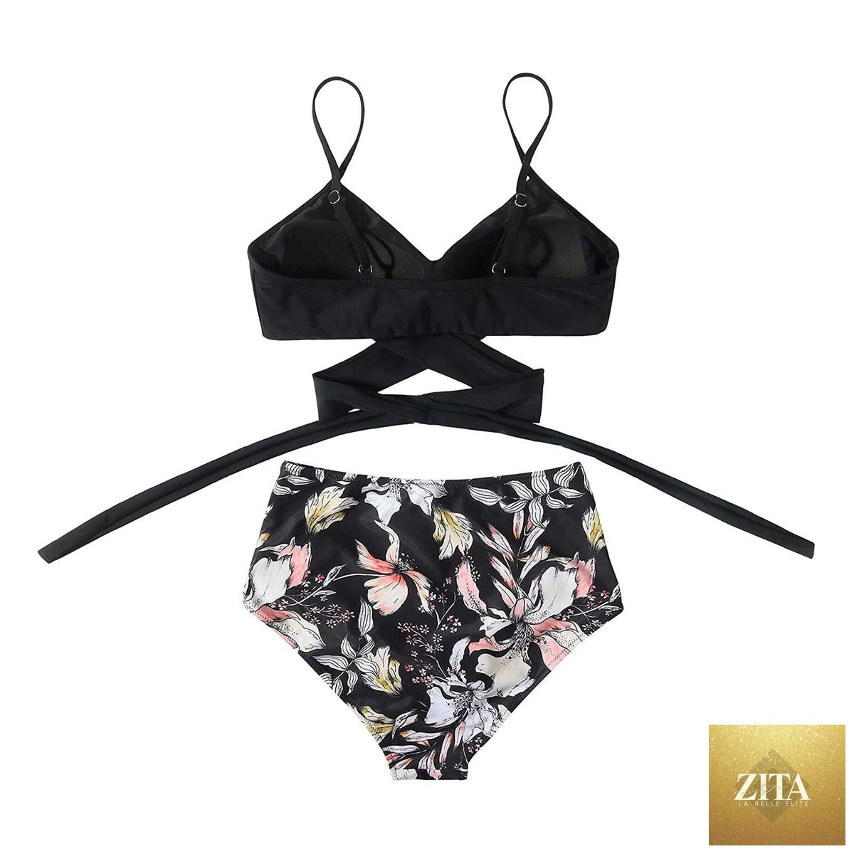 Stevvex modern floral 2-piece bikini set for women, high waist string design with flower print and crisscross details.