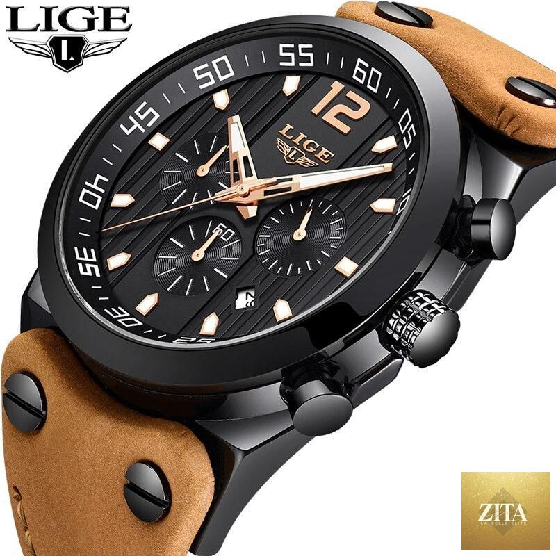 Men's waterproof watch with leather belt, chronometer, day display, fluorescent pointers, by Stevvex.