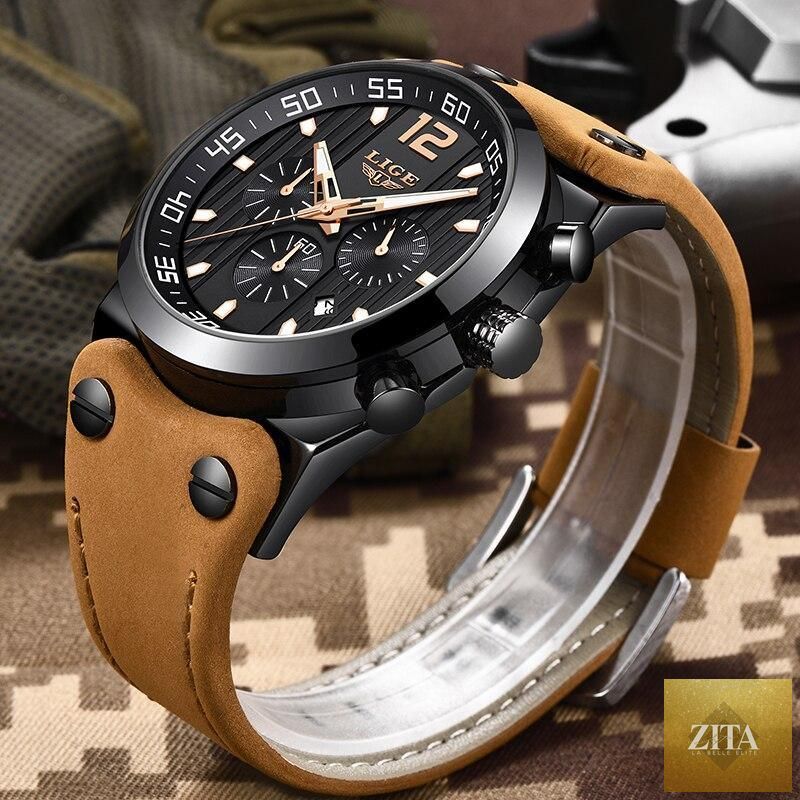 Stevvex men's waterproof watch with leather strap, chronometer display, fluorescent pointers, and day display, stylish and durable.