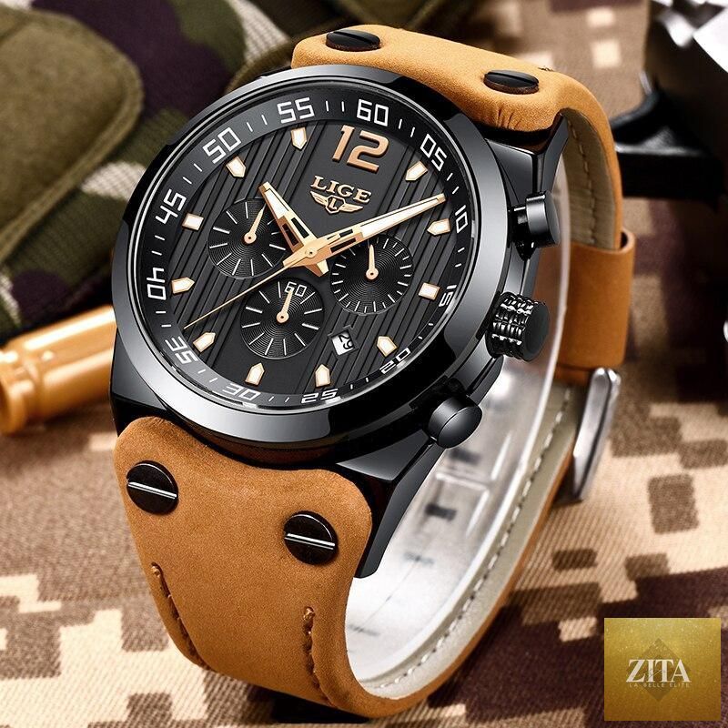Men's waterproof Stevvex watch with leather belt, chronometer, day display, and fluorescent pointers.