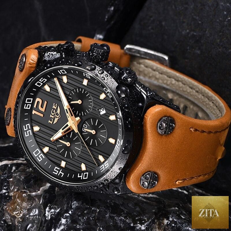 Men's waterproof watch with leather belt from Stevvex, chronometer, day display, fluorescent pointers, and unique design.
