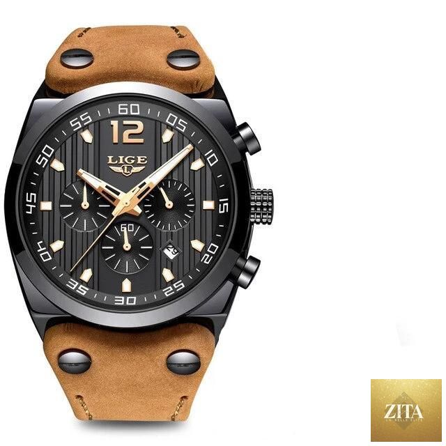 Men's waterproof Stevvex watch with leather strap, chronometer, day display, fluorescent pointers, and unique design.