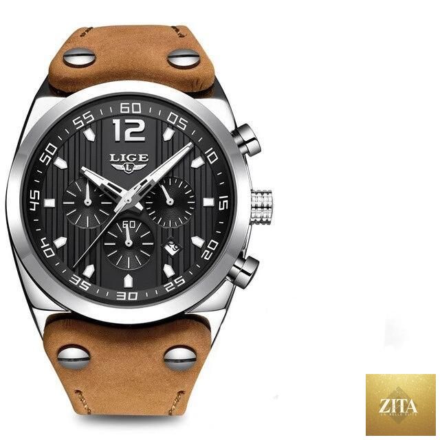 Men's Stevvex waterproof watch with leather belt, chronometer, day display, fluorescent pointers, and unique design.