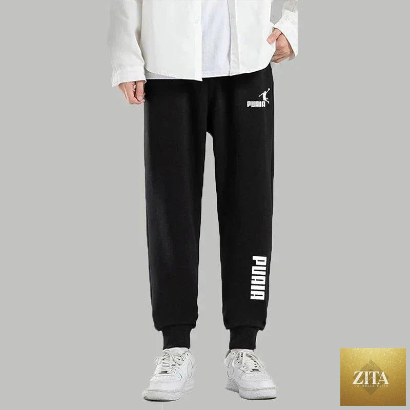 Mandotos PUAIA print men's jogger pants in solid color, suitable for autumn/winter, featuring a loose fit and streetwear style.