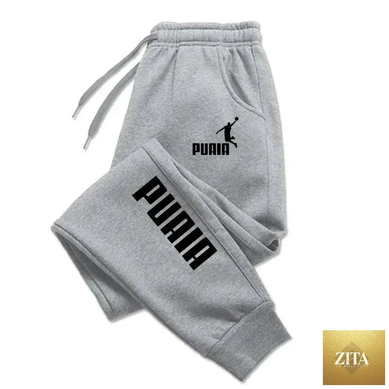 Mandotos PUAIA Print men's jogger pants in solid color, autumn/winter sport fitness trousers with a loose fit and streetwear style.