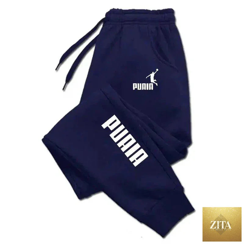 Mandotos PUAIA Print men's sport jogging trousers in solid color, loose fit, suitable for autumn and winter streetwear and fitness activities.