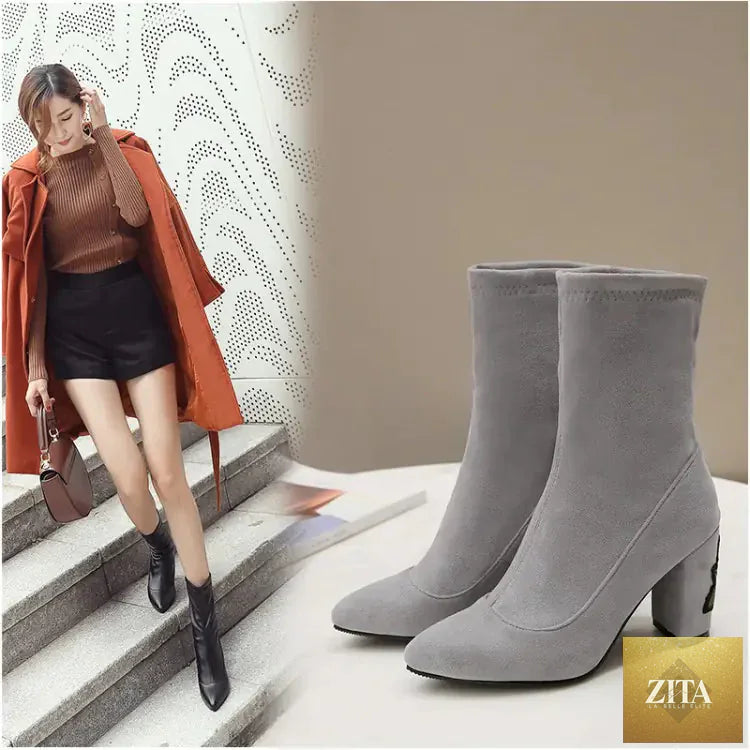 Gray embroidered ankle boots with chunky heels for women, stylish footwear from Trendy Attic Store01.