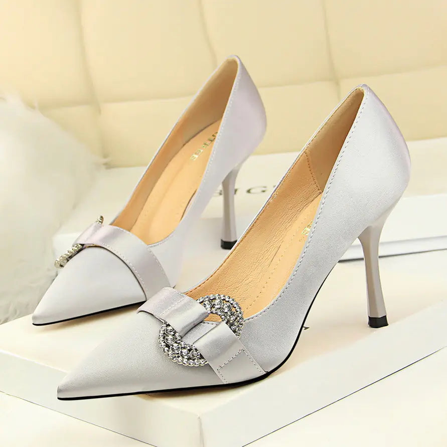 Women’s satin pointed toe high heel shoes with rhinestone buckle, stylish and elegant footwear from Trendy Attic Store01