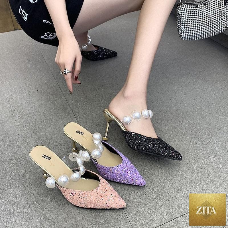 Stevvex Queen Fashion PU transparent high heel sandals with pointed toes, knit details, ideal for parties and outdoor dress occasions.