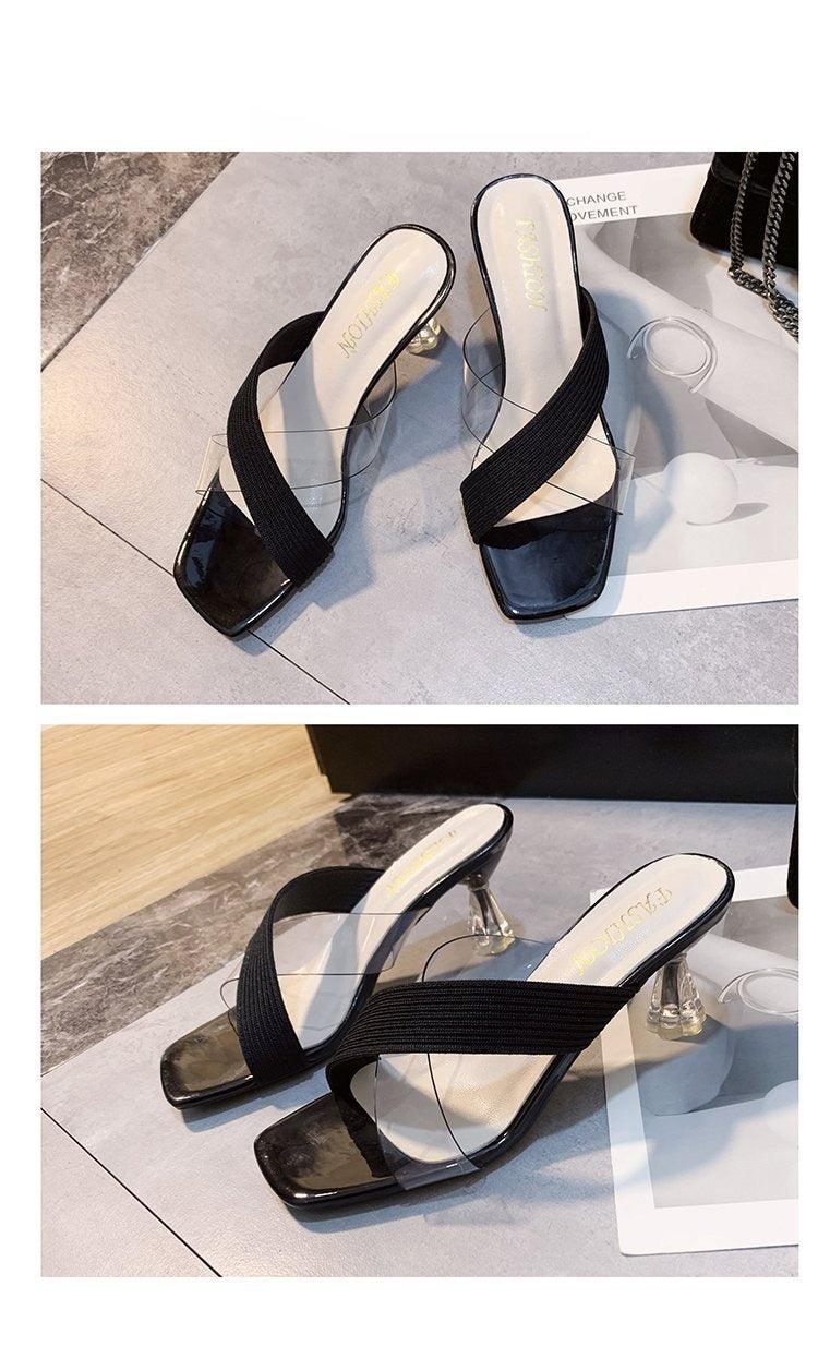 Stevvex Queen Fashion PU sandals for women with transparent material, pointed toe, high heels, suitable for parties and outdoor wear.