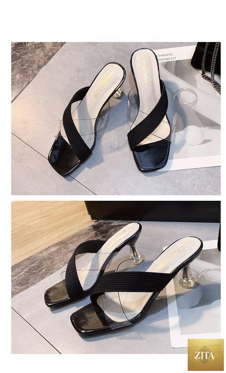 Stevvex Queen Fashion PU sandals for women, transparent pointed toe high heels with knit straps, suitable for parties and outdoor dress.