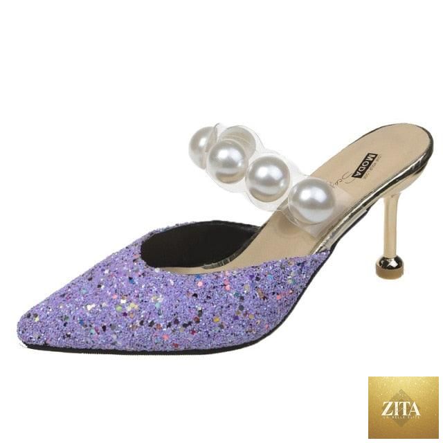 Stevvex Queen Fashion PU sandals for women, transparent pointed toe high heels with knit details, suitable for outdoor or party wear.