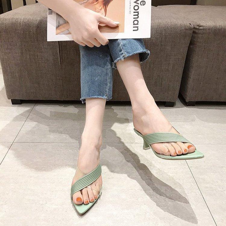 Stevvex Queen Fashion PU sandals for women, transparent pointed toe high heels with knit details, ideal for parties and outdoor wear.