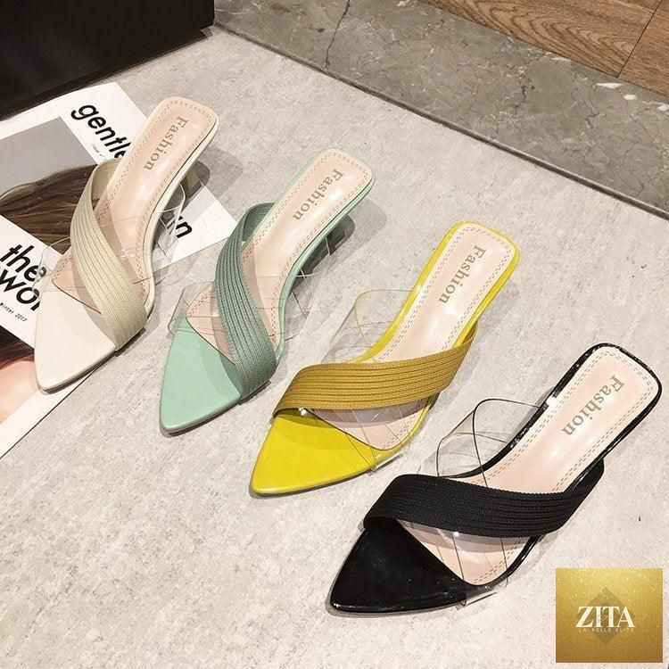 Stevvex Queen Fashion PU sandals for women, transparent pointed toe high heels with knit design, ideal for parties and outdoor wear.