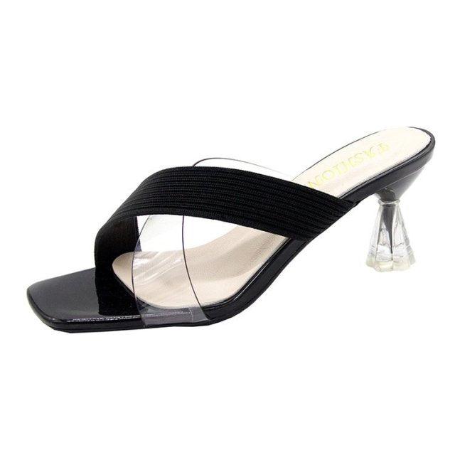 Stevvex Queen Fashion PU sandals for women featuring transparent pointed toe high heels, knit design, ideal for parties and outdoor wear.
