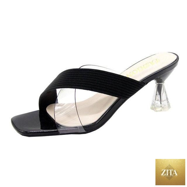 Stevvex Queen Fashion PU knit transparent high heel sandals with pointed toes, ideal for party and outdoor dress occasions.