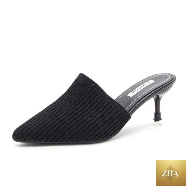 Stevvex Queen Fashion PU knit transparent high heel sandals with pointed toes, ideal for parties and outdoor dress events.