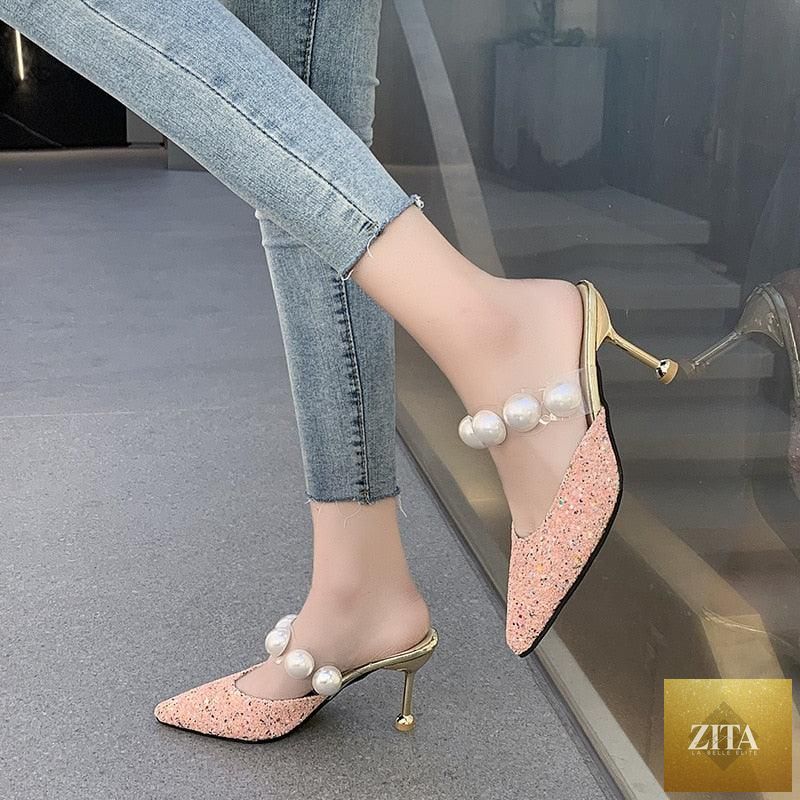 Stevvex women's transparent PU sandals with pointed toes, high heels, and knit details, ideal for parties and outdoor dress occasions.