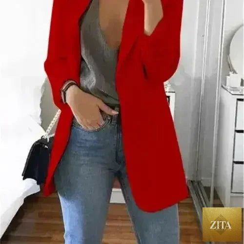 Femstylo women's slim blazer jacket for autumn, casual office suit with stylish design, suitable for professional and casual wear.