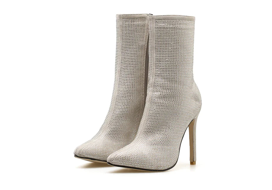 Women rhinestone high heel boots with pointed toe, stylish Trendy Attic Store01 footwear showing sparkling embellishments and sleek design.