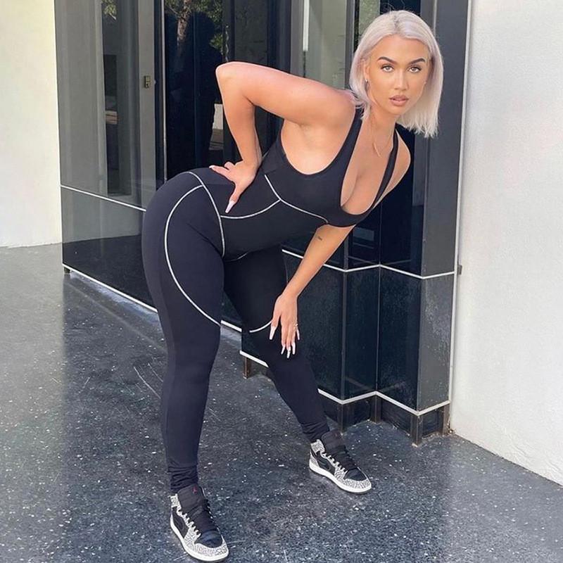 Patchwork Fitness Casual Sporty Rompers Womens Jumpsuit Sleeveless Blue Charlie