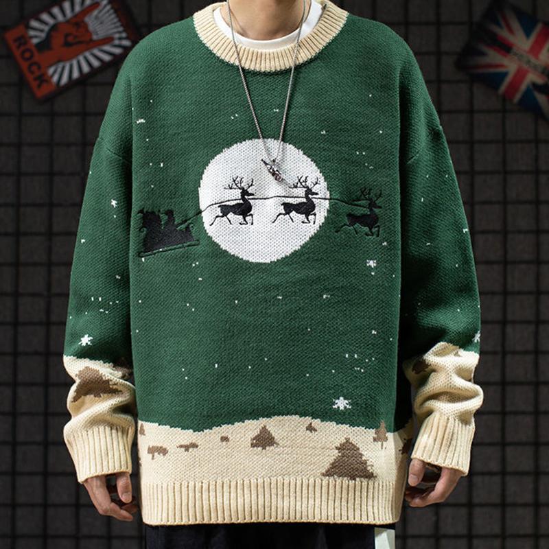 Men's Sweaters Winter Warm Knitted Sweater Christmas Deer Print Blue Charlie