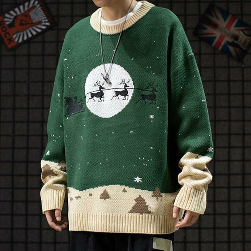 Men's Sweaters Winter Warm Knitted Sweater Christmas Deer Print Blue Charlie