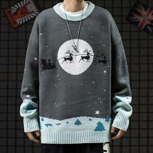 Men's Sweaters Winter Warm Knitted Sweater Christmas Deer Print Blue Charlie