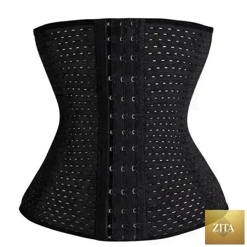 Femstylo women's slimming corset waist trainer cincher body shaper, black and high-waisted with adjustable laces for shaping and support.