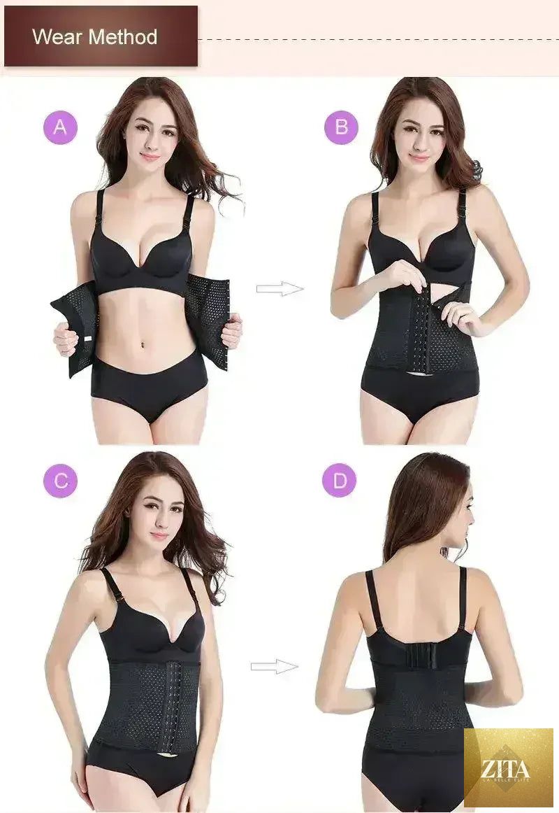 Femstylo women's slimming corset waist trainer cincher body shaper showing a close-up of the black girdle with adjustable straps.
