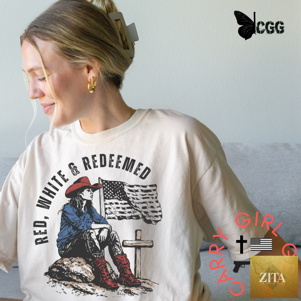 Red, white, and redeemed CGG Perfect Tee by Carry Girl Gear showing the colorful graphic design on the front.