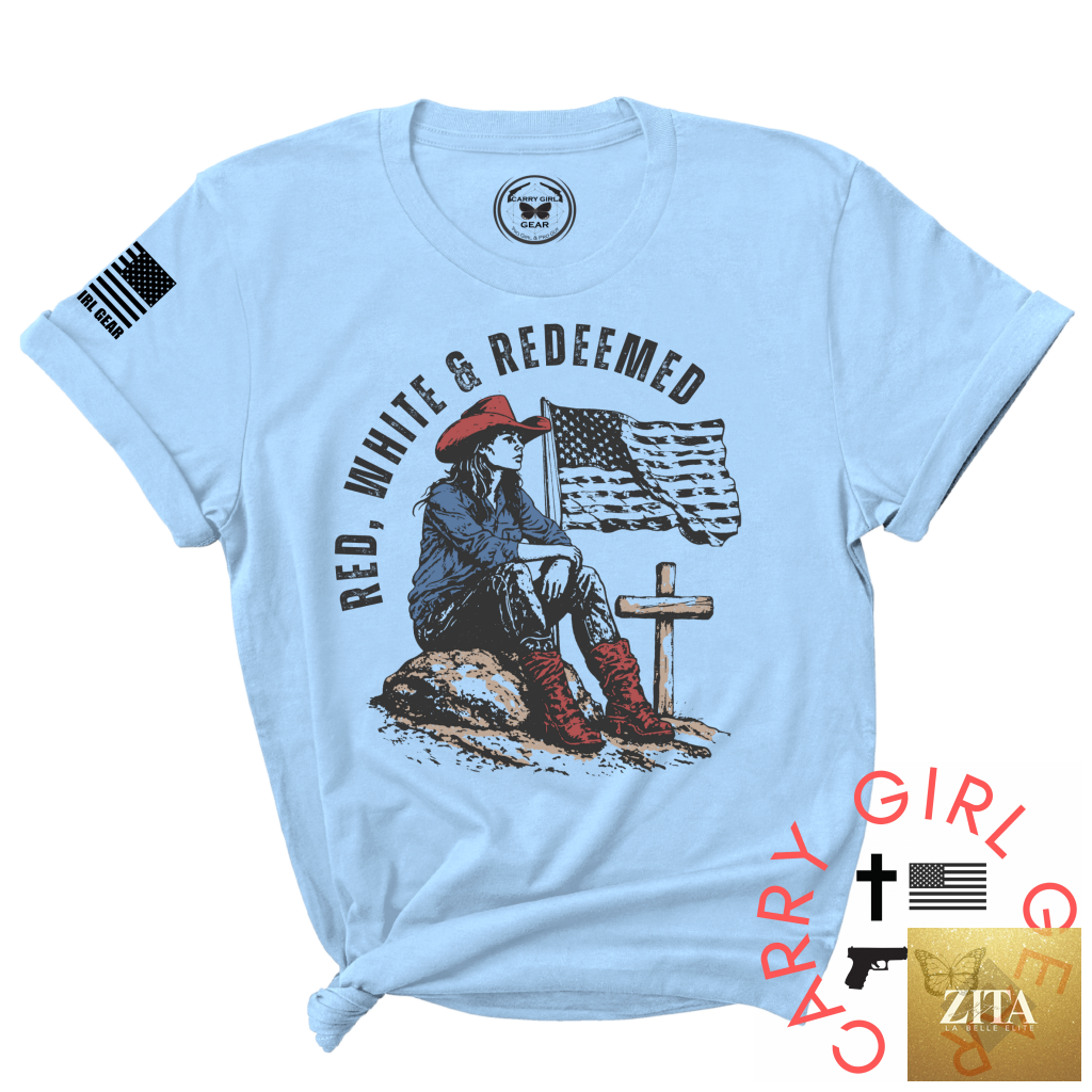 Red, white, and redeemed CGG Perfect Tee by Carry Girl Gear, unisex cut, XS size, featuring bold color blocking and classic design.