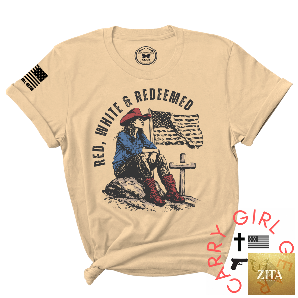 Red, white, and redeemed CGG Perfect Tee in unisex cut, featuring a bold design on soft fabric.