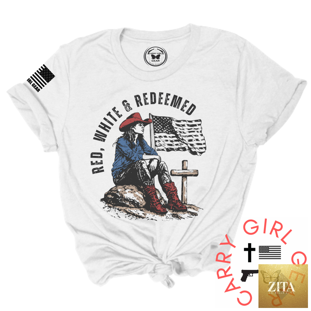 Red, white, and redeemed Carry Girl Gear CGG perfect unisex tee, XS size, featuring a bold graphic design.