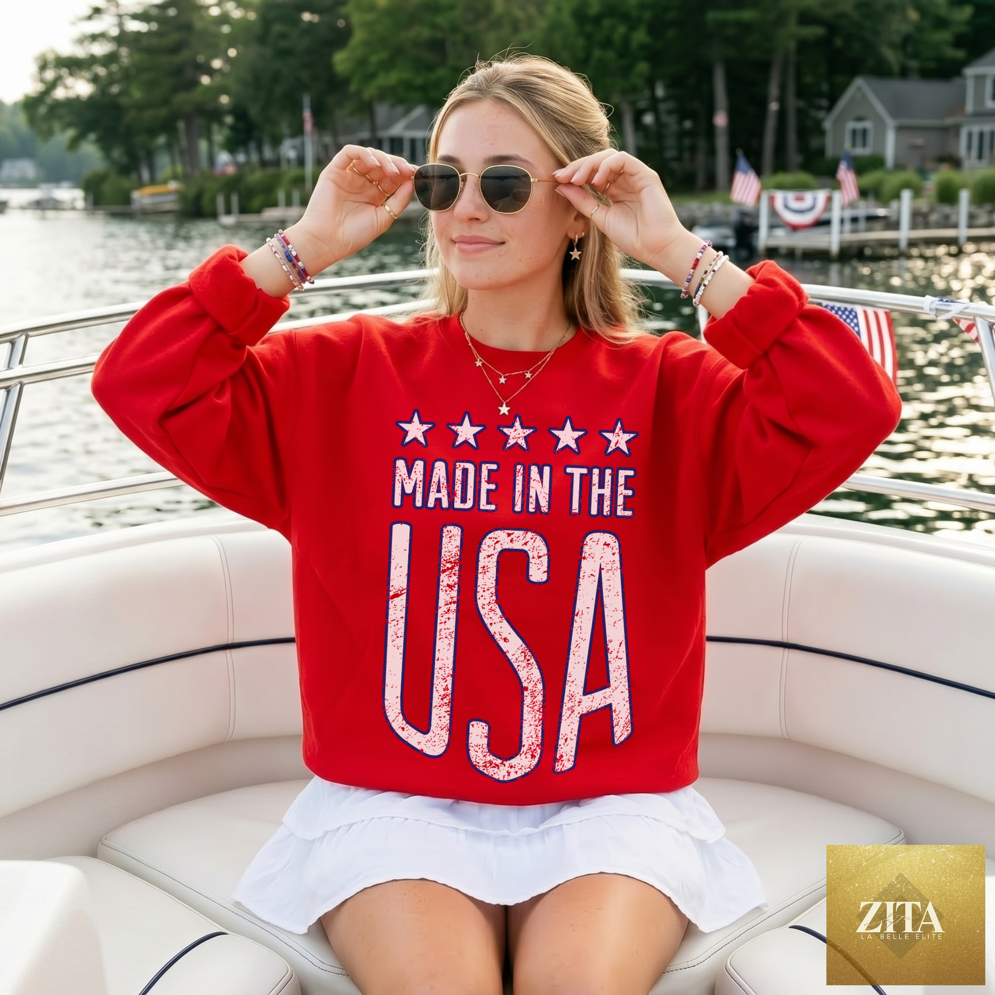Red patriotic graphic crewneck sweatshirt by Hey Jude Graphic Tees, made in the USA with vintage USA design.