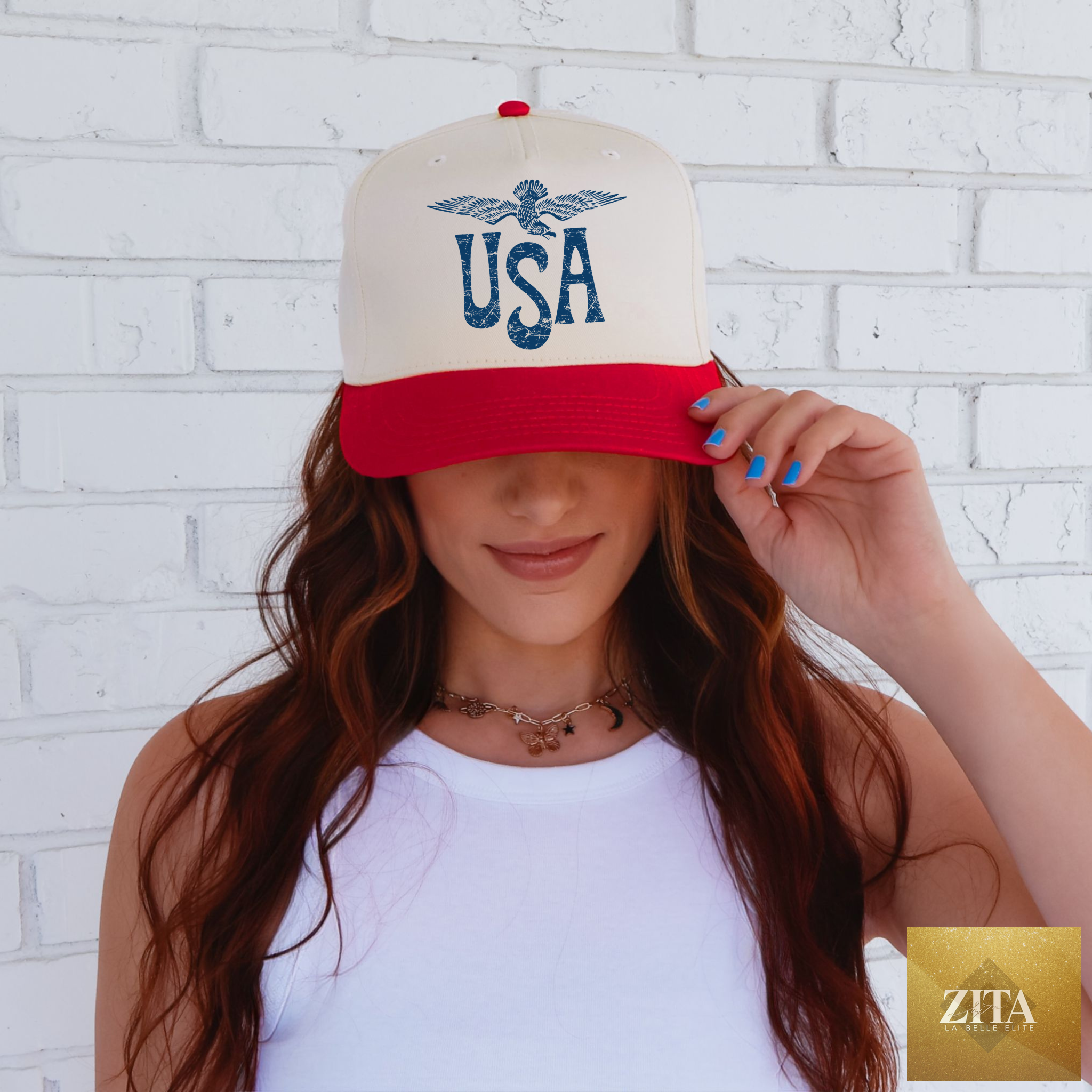 Red and canvas USA Eagle Trucker Hat featuring a bold eagle graphic, made by Hey Jude Graphic Tees.