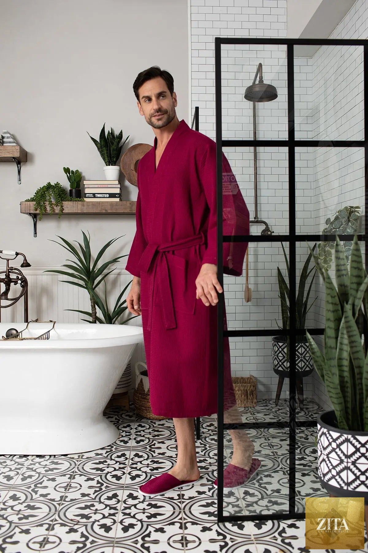 Red Lotus Linen waffle spa bathrobe for men, lightweight and absorbent, shown hanging with a soft, textured fabric appearance.