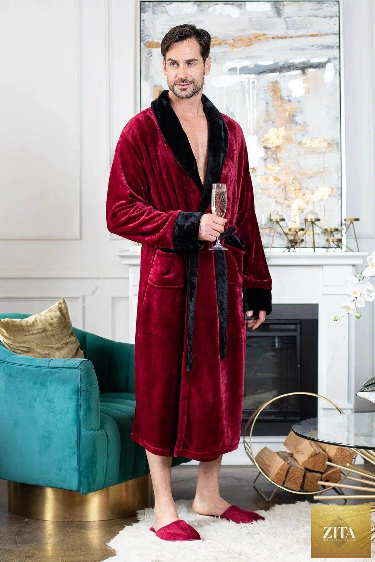 Red Lotus Linen men's plush robe, cozy and comfortable, made from soft, durable fabric for relaxing at home.