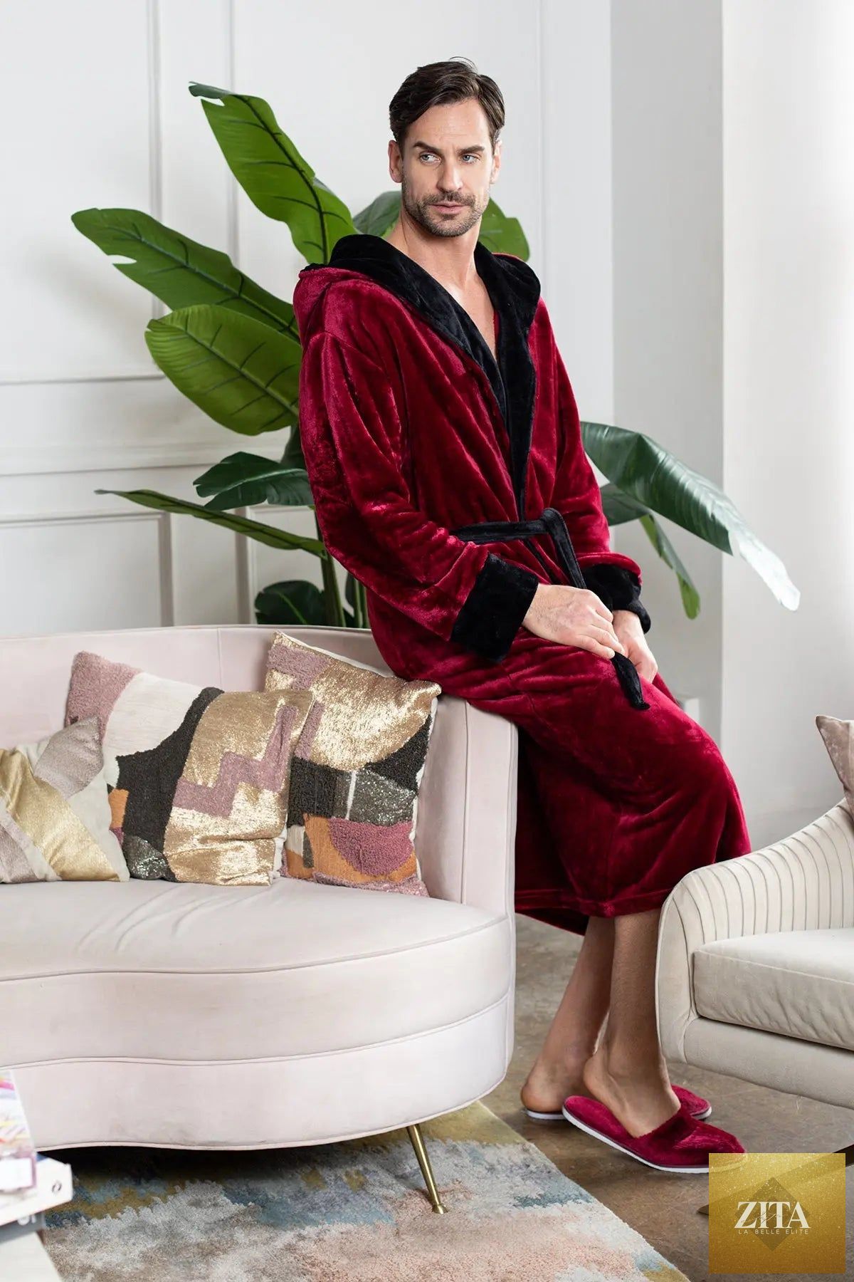 Red men's hooded robe by Lotus Linen, ultra-soft plush fabric, cozy and comfortable for everyday wear.