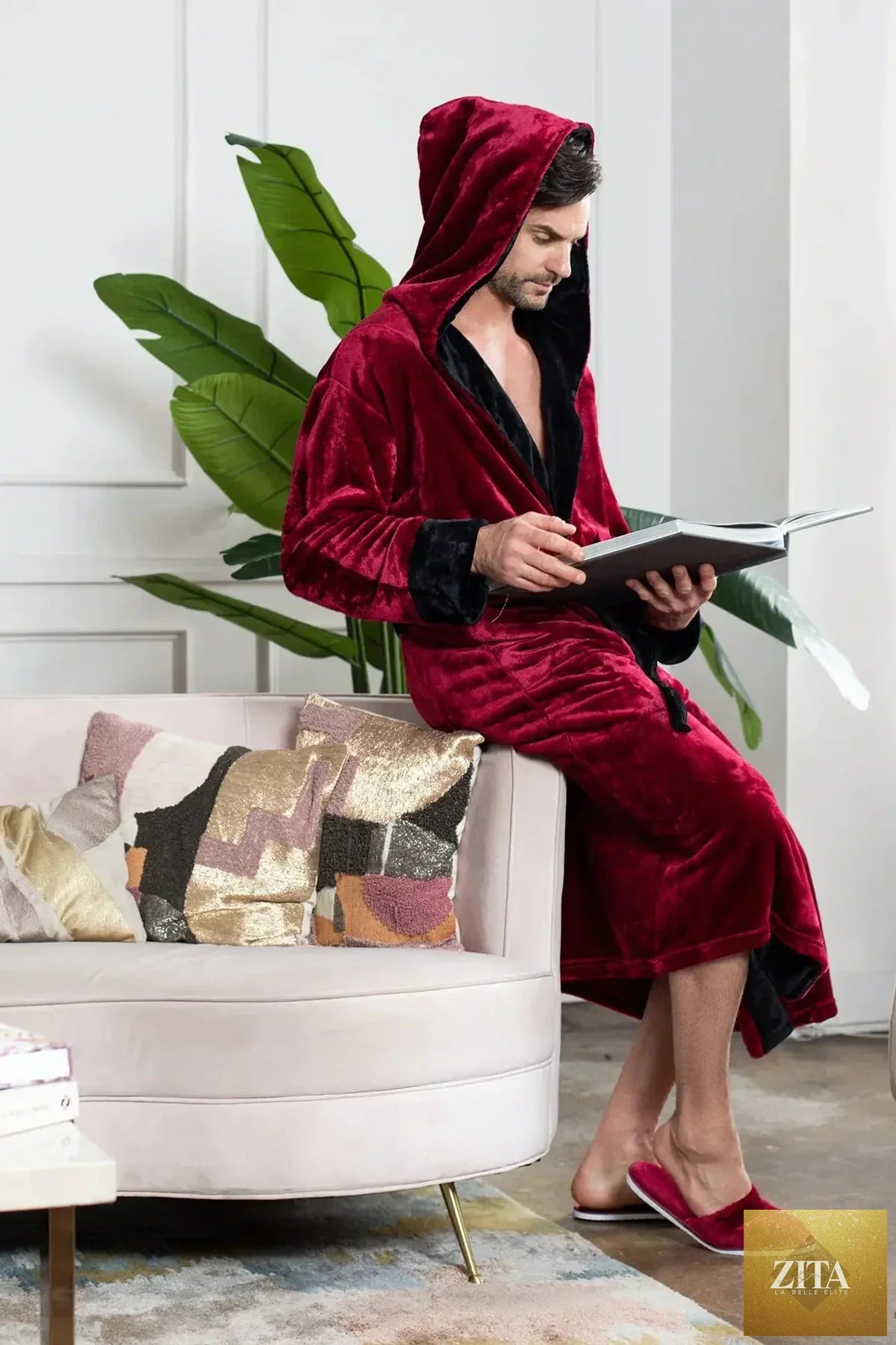 Red men's hooded robe from Lotus Linen made of ultra-soft plush fabric, ideal for cozy everyday wear.