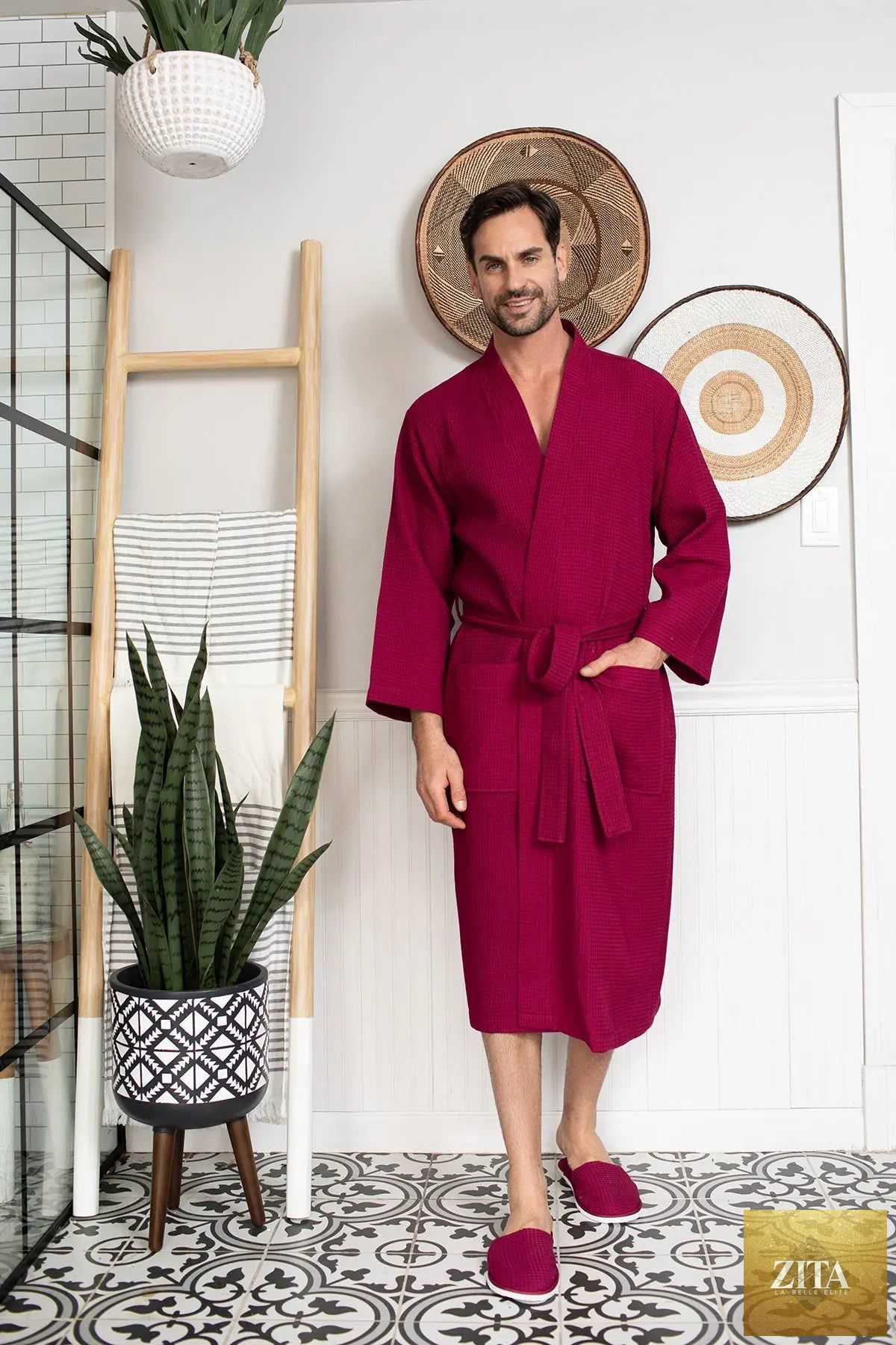 Red Lotus Linen waffle spa bathrobe for men, lightweight and absorbent, shown hanging with a relaxed fit and textured fabric.