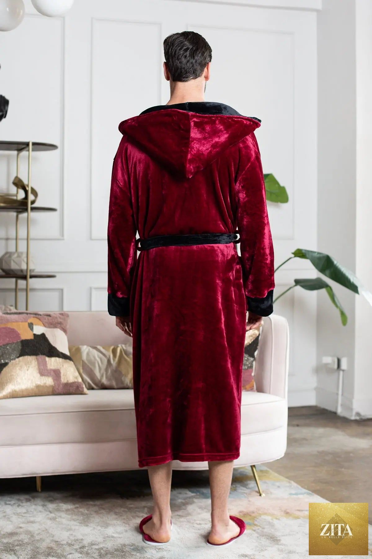 Red men's hooded robe by Lotus Linen featuring ultra-soft plush fabric for cozy, everyday comfort.