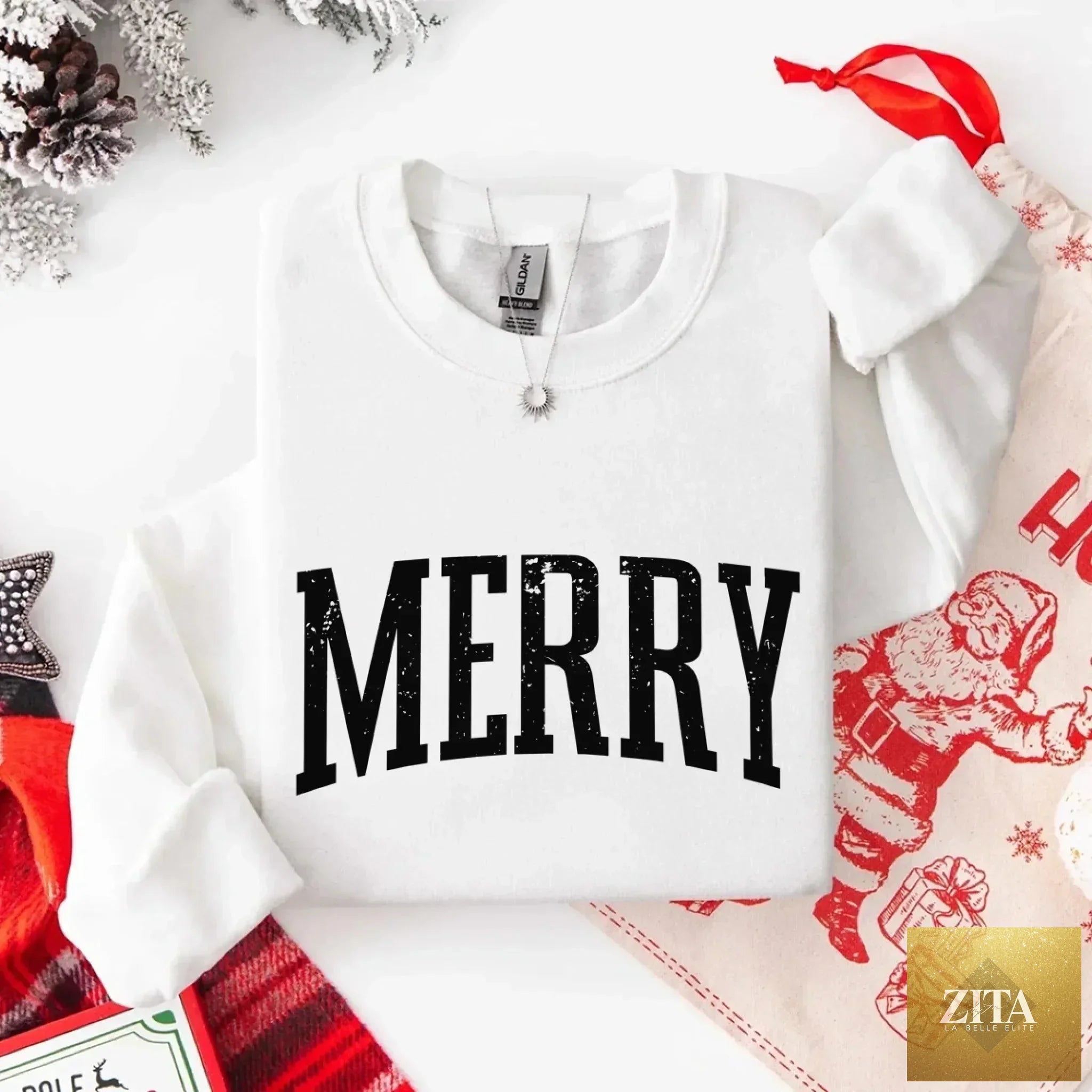 Retro Merry Christmas sweatshirt for women by Adorb Custom Tees featuring festive holiday design on a cozy knit sweater.