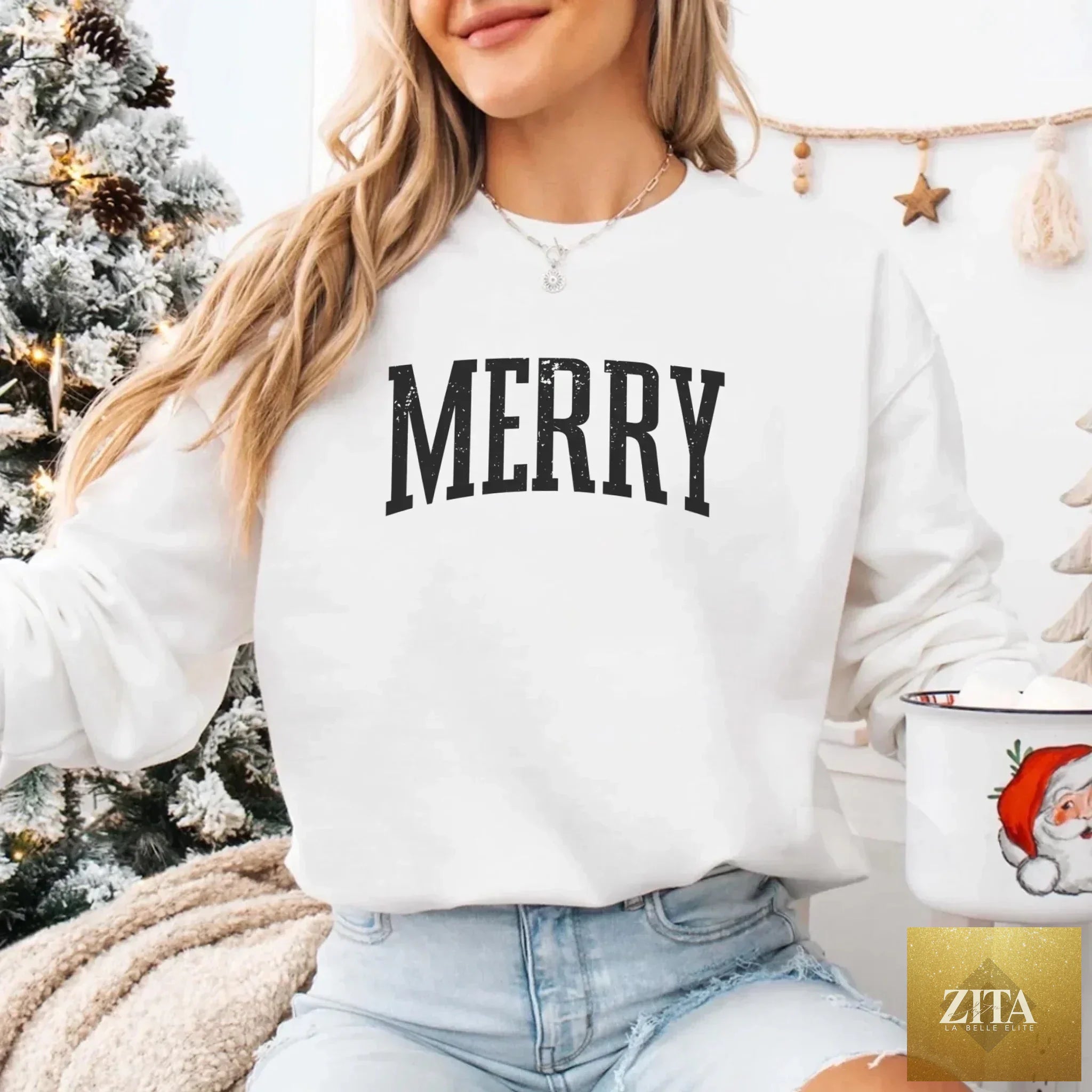 Retro Merry Christmas sweatshirt for women by Adorb Custom Tees, featuring festive holiday design and cozy sweater style.