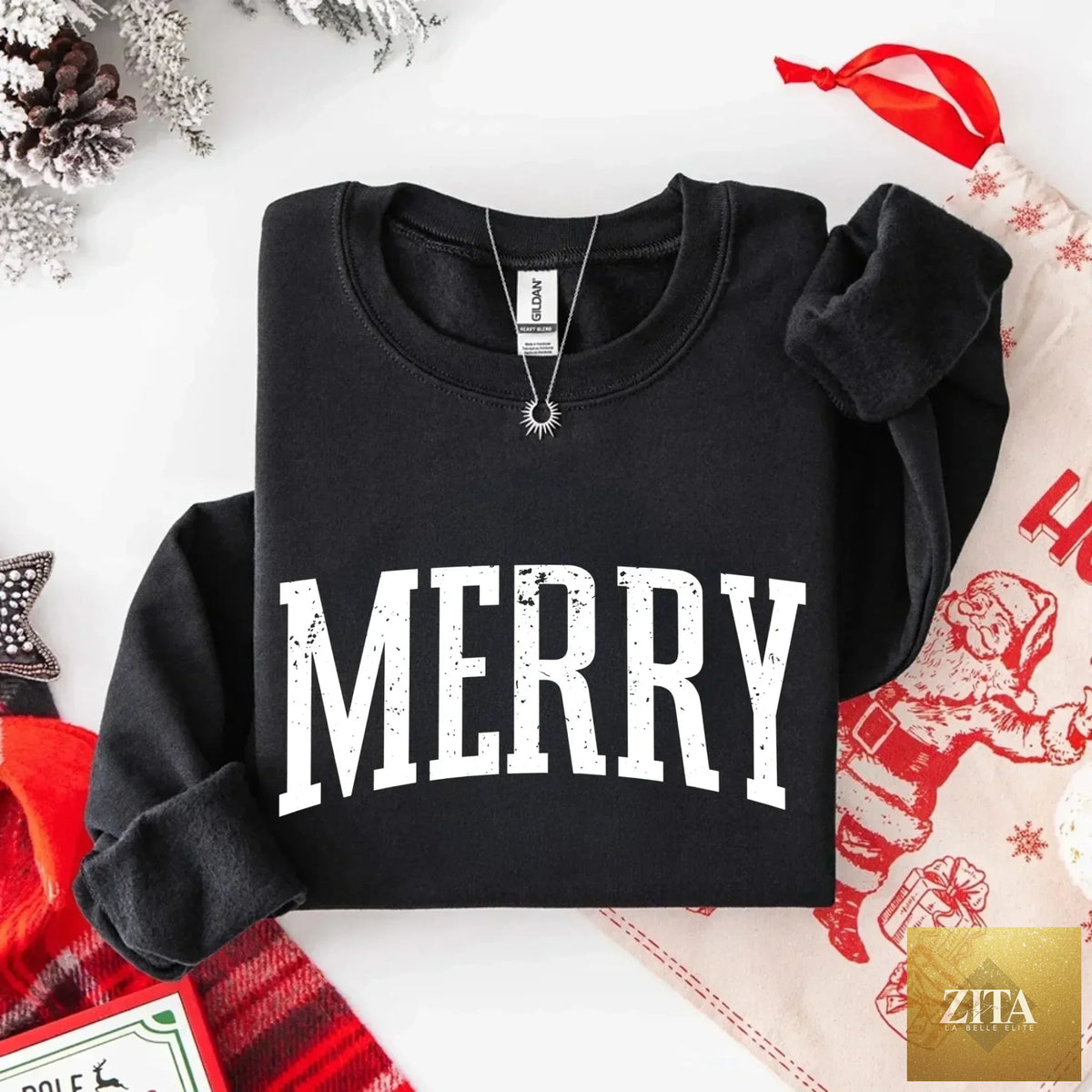 Women’s retro Merry Christmas sweatshirt featuring festive holiday design by Adorb Custom Tees, perfect for holiday celebrations.