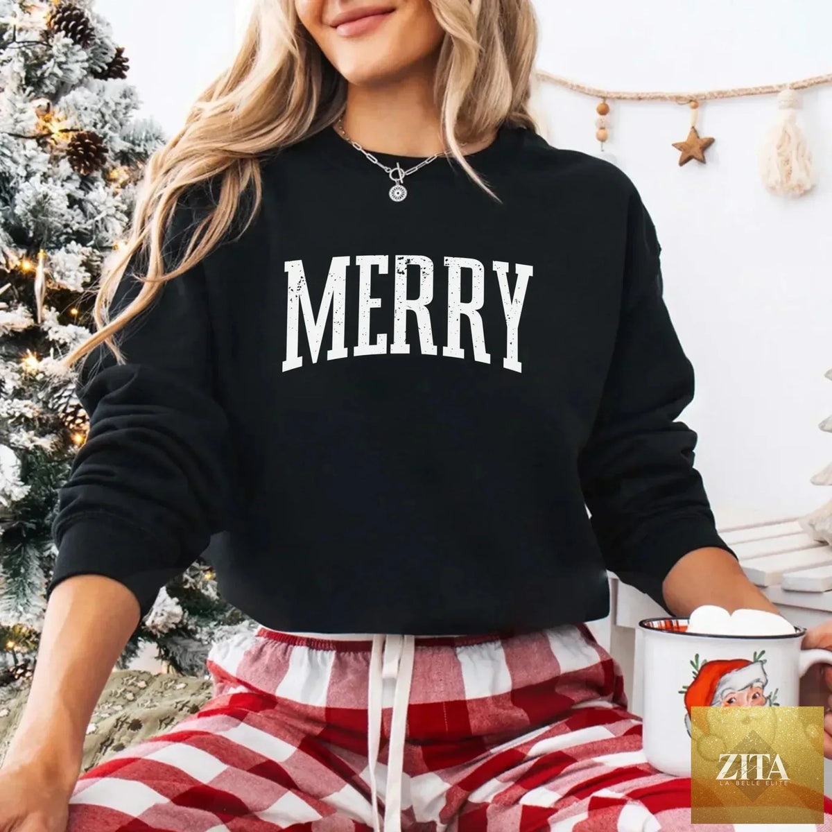 Retro Merry Christmas sweatshirt for women by Adorb Custom Tees featuring festive holiday design on cozy sweater fabric.