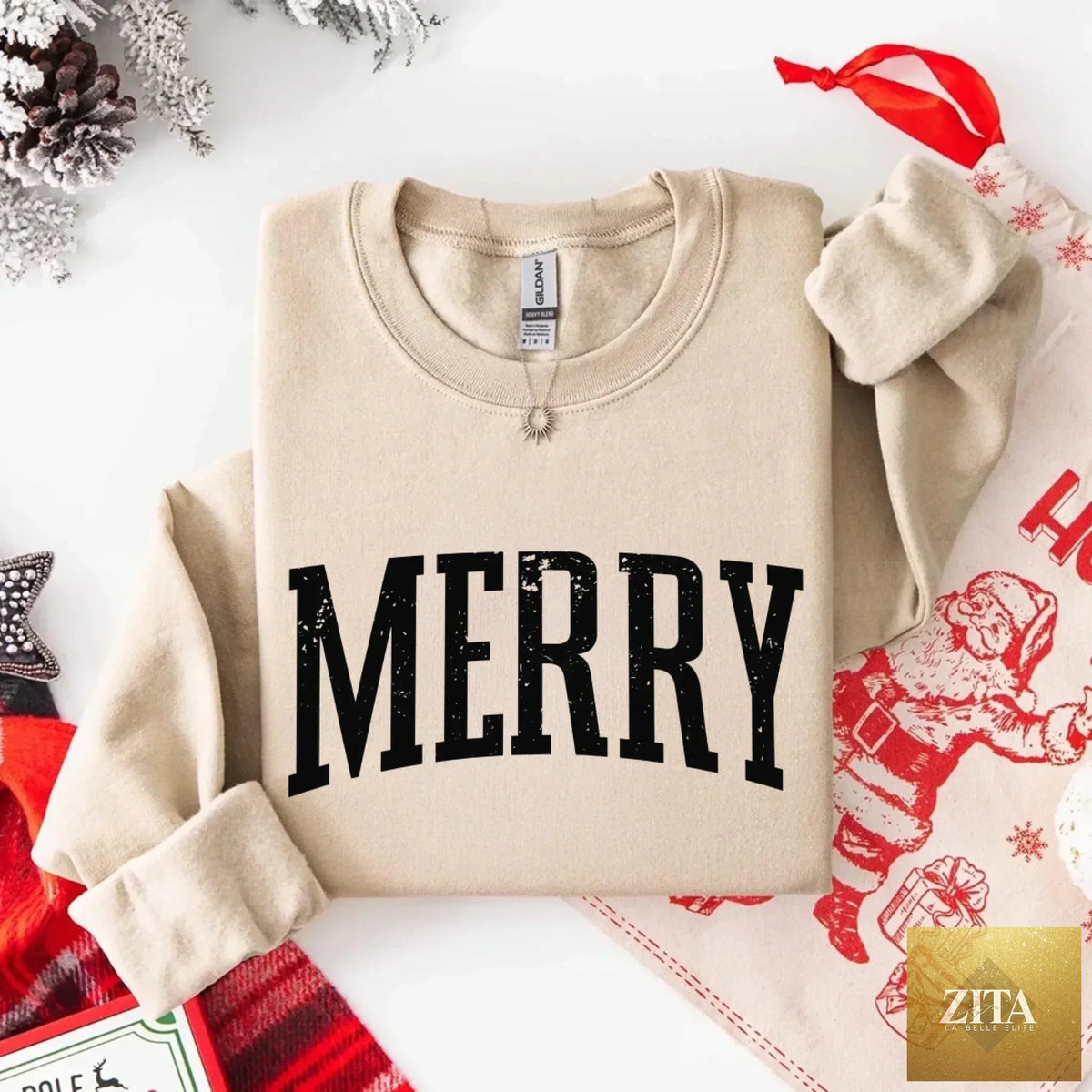 Retro Merry Christmas sweatshirt for women featuring festive holiday design, by Adorb Custom Tees.