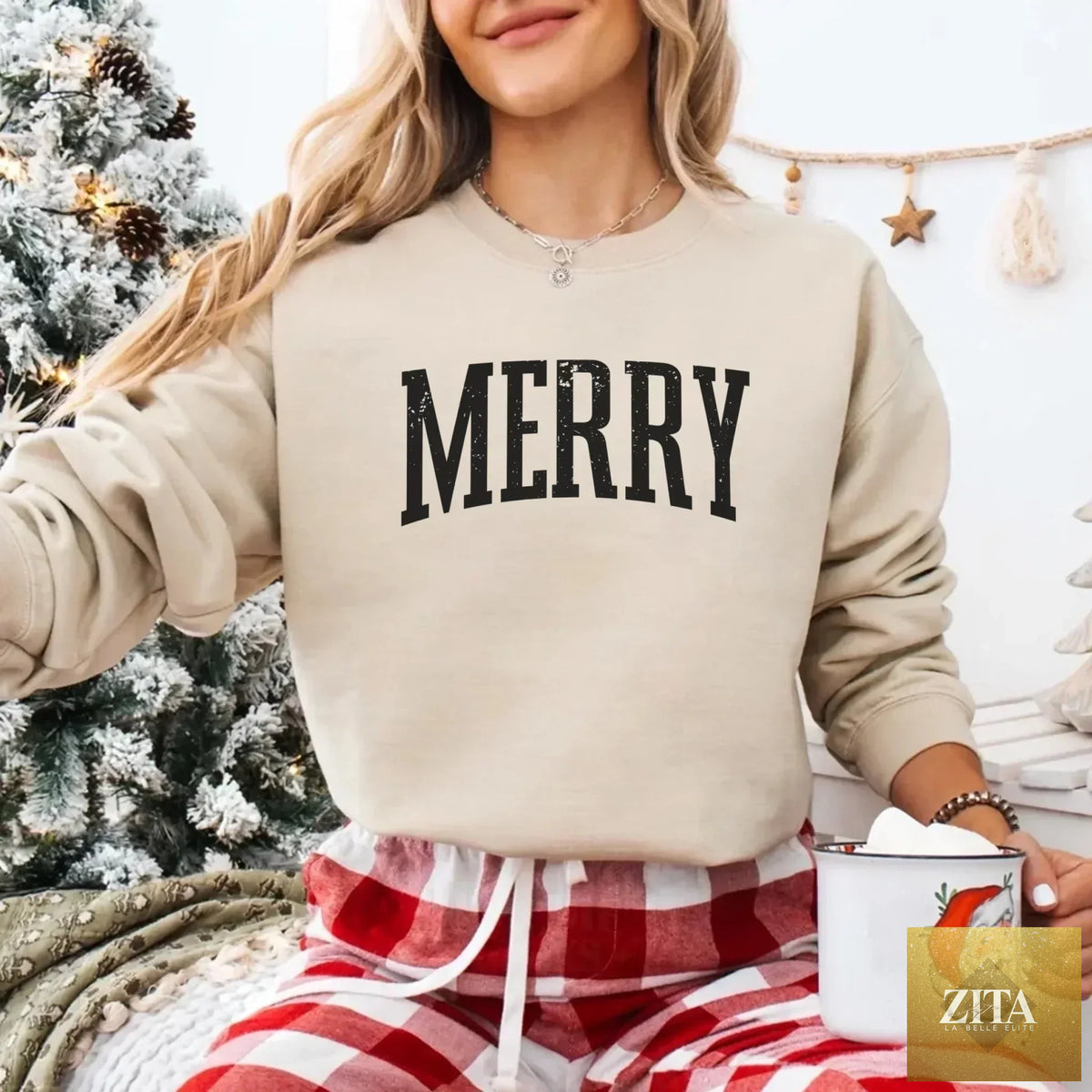 Retro Merry Christmas sweatshirt for women by Adorb Custom Tees, featuring festive holiday design and cozy fabric.