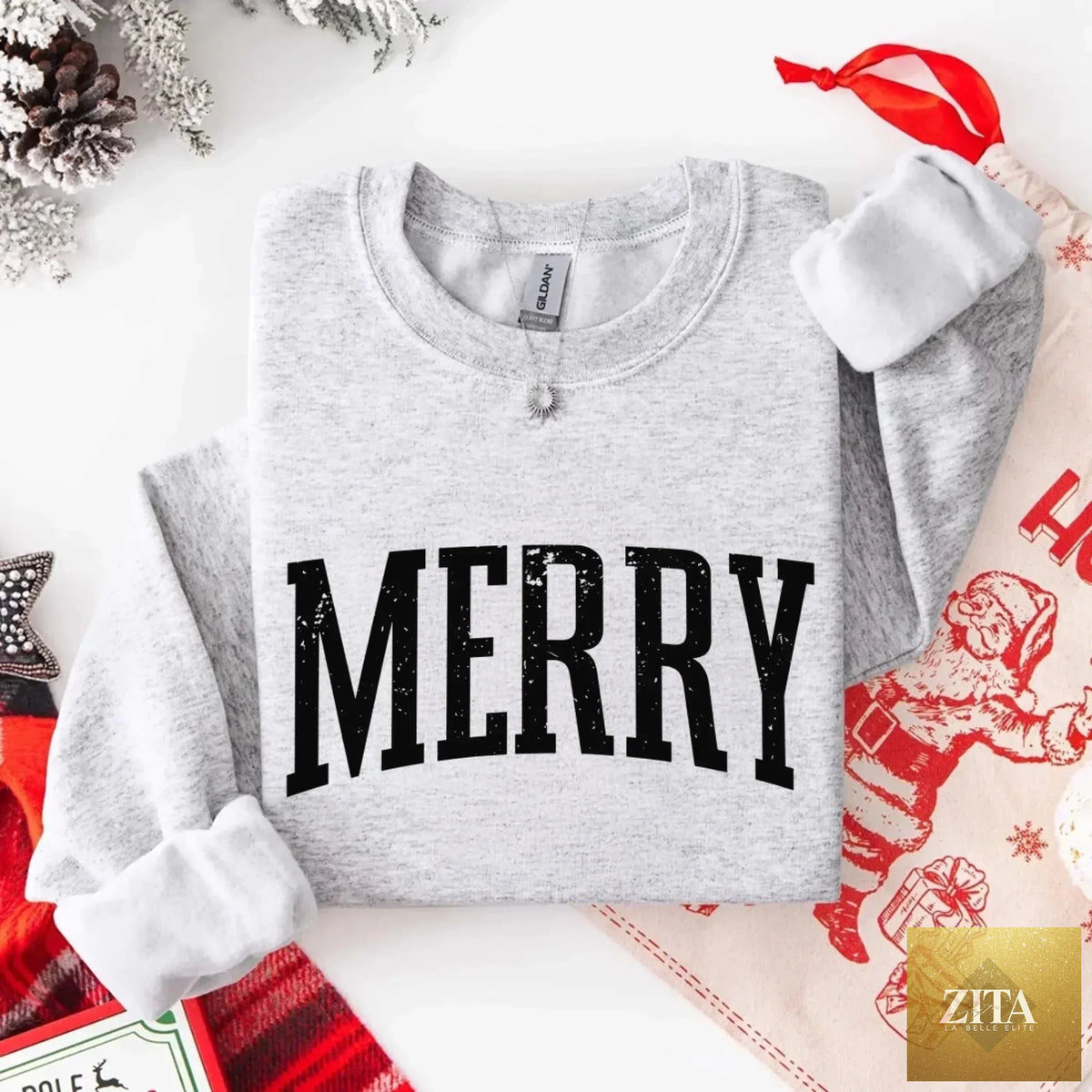 Retro Merry Christmas sweatshirt for women by Adorb Custom Tees featuring festive holiday design on a cozy sweater.