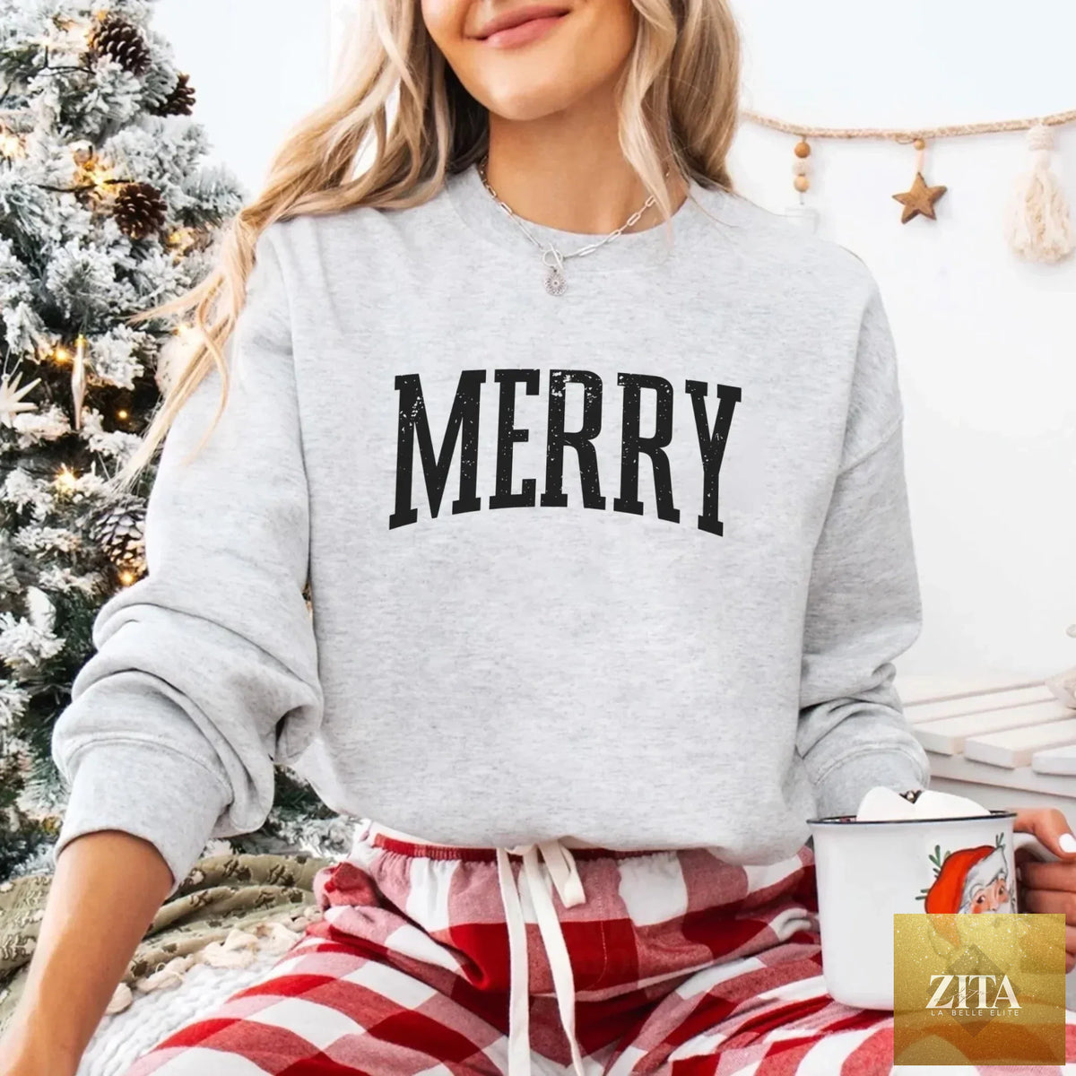 Retro Merry Christmas sweatshirt for women by Adorb Custom Tees, featuring festive holiday design and cozy sweatshirt style.